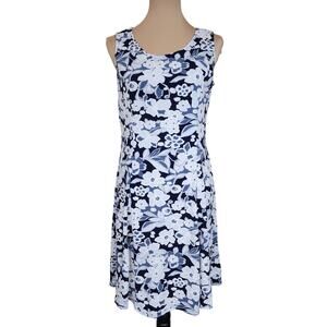 Perceptions Petite Large Blue White Floral Midi Dress